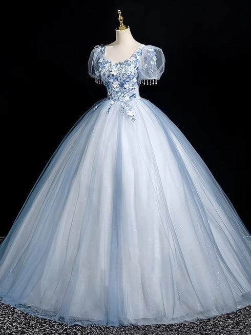Light Blue Tulle with Lace Short Sleeves Party Dress, Light Blue Tulle Prom Dress